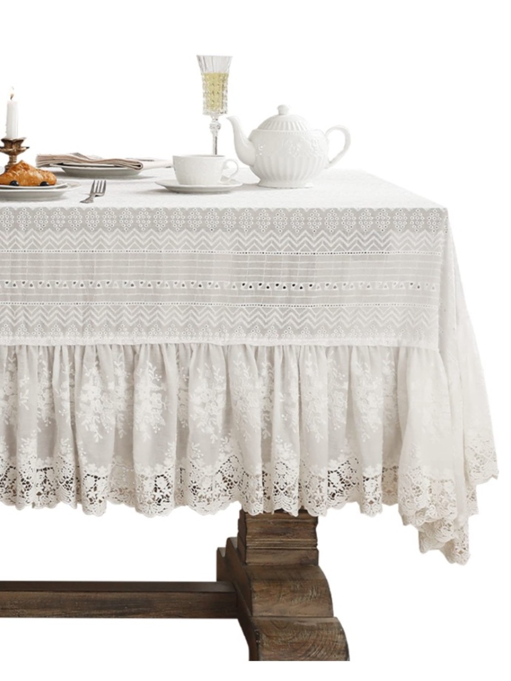 Vintage French Lace Ruffle 100% Cotton Tablecloth SQUARE 63x63” CREAM